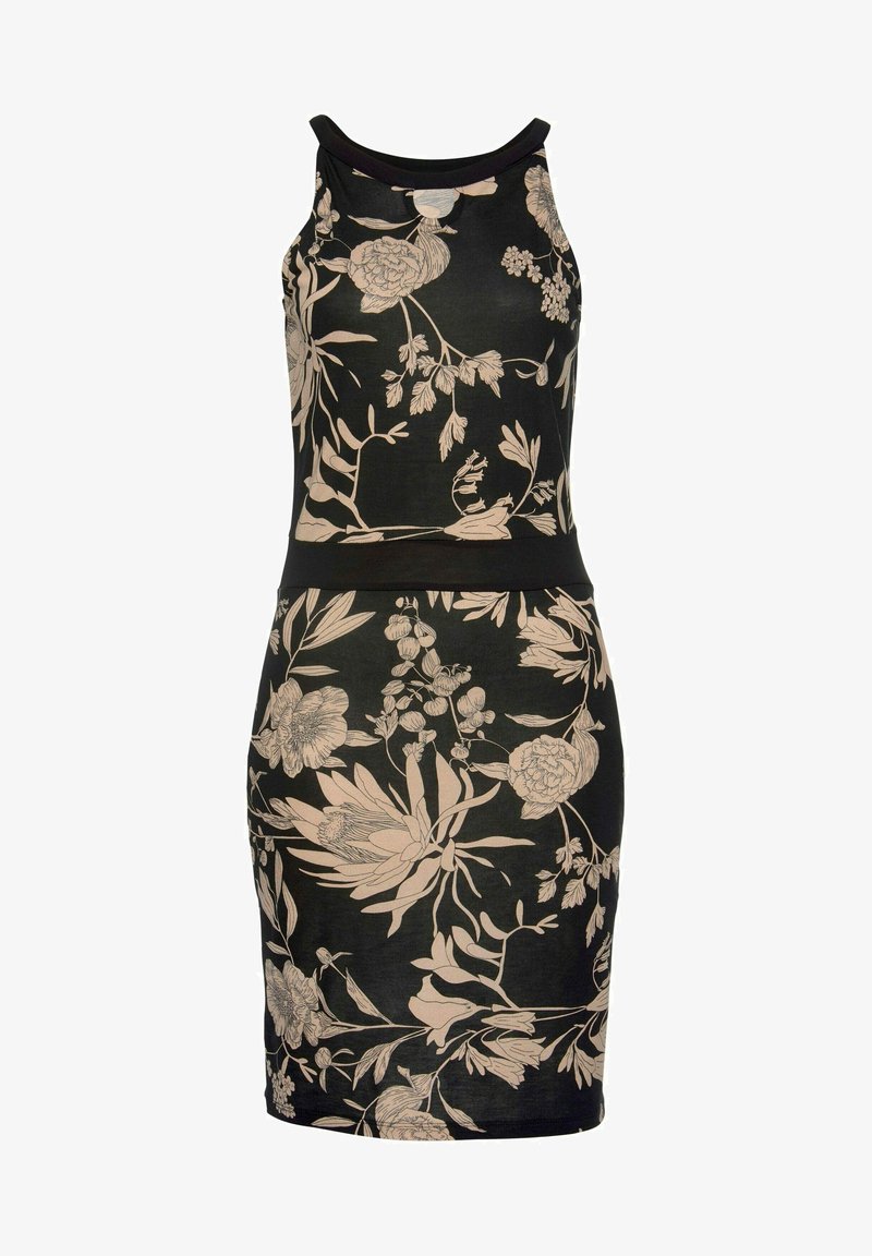 Schwarzes ärmelloses Kleid mit einem beigen Blumenmuster, tailliertem Schnitt, glatter Textur und rundem Ausschnitt.