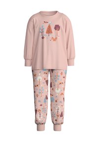 Pink cotton pajama set with long sleeves and patterned pants. Features woodland animals and trees in blue, brown, and white on a pink background.