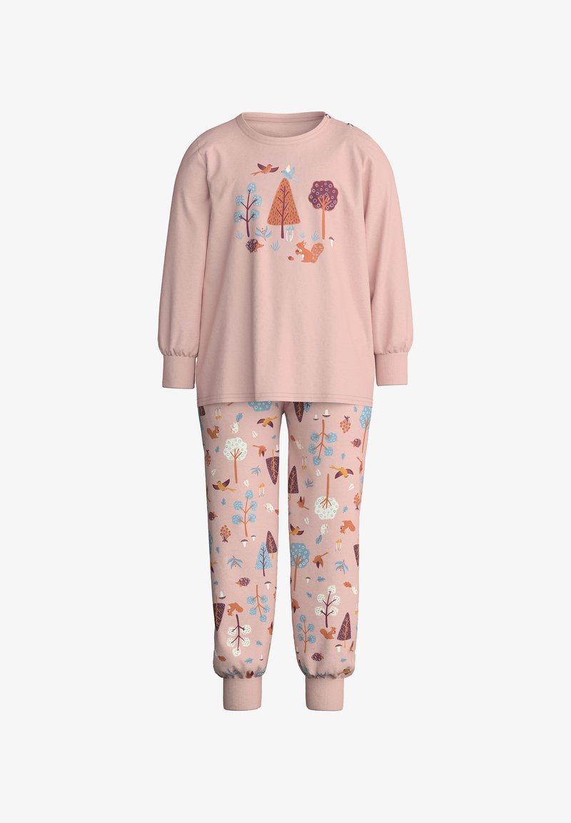 Pink cotton pajama set with long sleeves and patterned pants. Features woodland animals and trees in blue, brown, and white on a pink background.