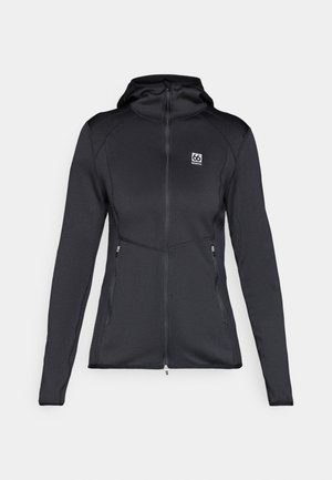 Schwarze Zip-Hoodie mit taillierter Passform, aus glattem Material gefertigt. Verfügt über eine Kapuze, zwei seitliche Taschen und ein Logo auf der Brust.