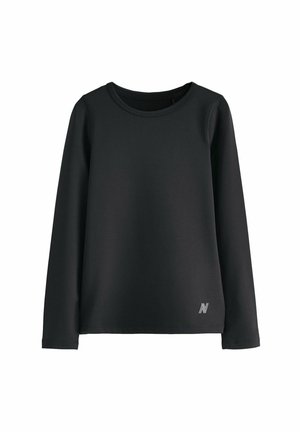Zwarte langwerpige shirt met lange mouwen van gladde stof, met een ronde halslijn en een klein logo op de onderzijde aan de linkerkant.