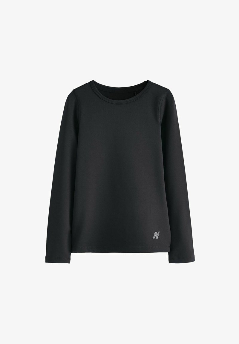 Zwarte langwerpige shirt met lange mouwen van gladde stof, met een ronde halslijn en een klein logo op de onderzijde aan de linkerkant.