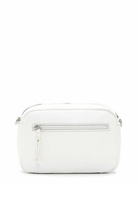 Borsa crossbody bianca in pelle con superficie texturizzata, dotata di una tasca frontale con zip e una cerniera in tonalità argento. Forma arrotondata con tracolla regolabile.