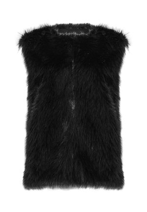 Gilet in finto pelliccia nera con colletto alto, caratterizzato da fibre lunghe e morbide e senza chiusure visibili, che offre un aspetto voluminoso e texture.