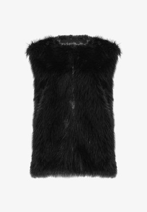 Czarna kamizelka z sztucznego futra z wysokim kołnierzem, z miękkimi, długimi włóknami i bez widocznych zapięć, oferująca teksturowany i objętościowy wygląd.