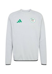 Szara bluza z okrągłym dekoltem i długimi rękawami, z zielonym logo Adidas i emblematem reprezentacji Algierii na piersi, czarne akcenty u dołu.