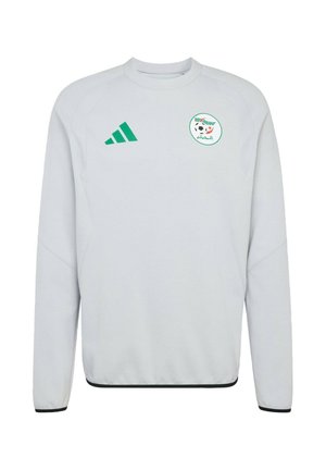 Grauer Sweatshirt mit Rundhalsausschnitt und langen Ärmeln, mit grünem Adidas-Logo und Emblem der algerischen Nationalmannschaft auf der Brust, schwarze Akzente am Saum.