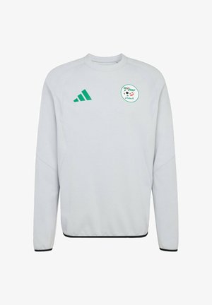 Grauer Sweatshirt mit Rundhalsausschnitt und langen Ärmeln, mit grünem Adidas-Logo und Emblem der algerischen Nationalmannschaft auf der Brust, schwarze Akzente am Saum.