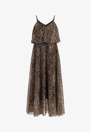 Kerge kangast maxi kleit, millel on pruun ja must madu muster, kihilise pealsega, õhukesed rihmad ja voolav siluett.