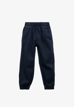 Marineblauwe katoenen joggingbroek met een elastische tailleband, twee zijzakken en elastische boorden bij de enkels. Gladde textuur, ontspannen pasvorm.