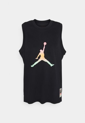 Schwarzes ärmelloses Jersey aus atmungsaktivem Mesh-Material. Mit einem Verlauf-Jumpman-Logo in Pastellfarben auf der Vorderseite. Etikett in der unteren Ecke.