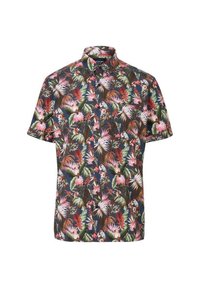 Kurzärmeliges Hemd aus dunklem Stoff mit einem bunten tropischen Blumenmuster, das rosa und grüne Blätter und Blüten zeigt.