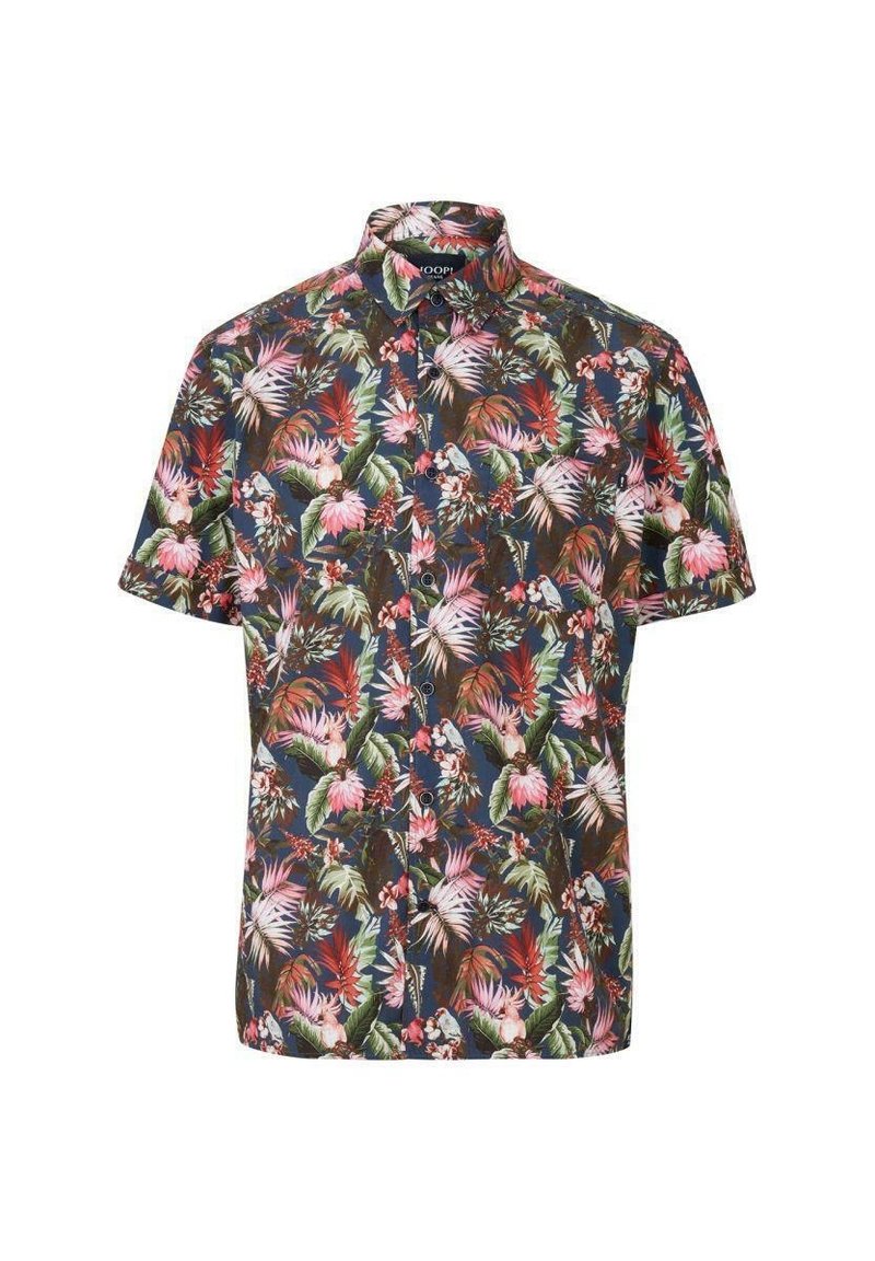 Kurzärmeliges Hemd aus dunklem Stoff mit einem bunten tropischen Blumenmuster, das rosa und grüne Blätter und Blüten zeigt.