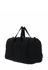 Sac de voyage noir avec un motif hexagonal texturé. Dispose de deux poignées supérieures et d'un compartiment principal zippé avec une poche extérieure.