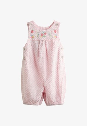 Różowy kombinezon z tkaniny w kratę vichy z haftowanymi króliczkami i truskawkami, z zapięciem na guziki na ramiączkach oraz elastycznymi mankietami przy nogawkach.