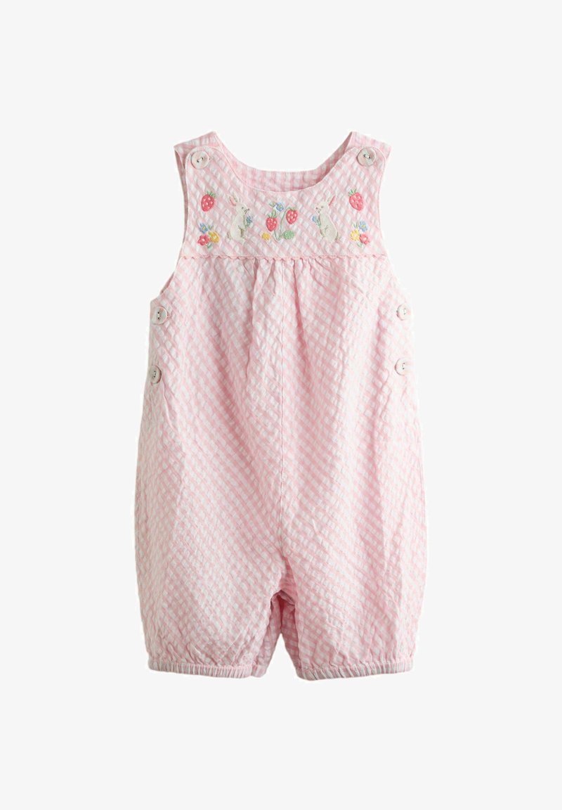 Rozā ginghemas auduma kombinezons ar izšūtiem zaķīšiem un zemenēm, pogu aizdares lencītēs un elastīgām aprocēm kājām.