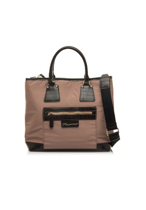 Sac fourre-tout en tissu rose clair avec accents en faux crocodile noir, double anses supérieures, bandoulière réglable, et poche zippée sur le devant.