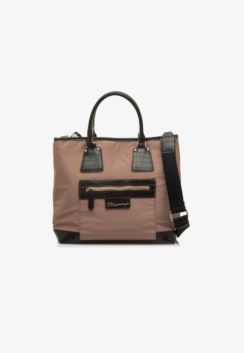 Tote bag van lichtroze stof met zwarte nepleer krokodillenaccenten, dubbele handgrepen bovenaan, verstelbare schouderriem en een voorvak met rits.