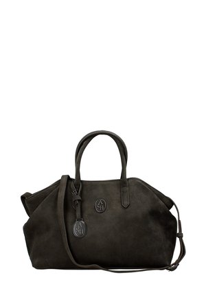 Borsa a mano in suede grigio scuro con doppie maniglie superiori e tracolla staccabile. Caratterizzata da un logo e pannelli laterali angolati.