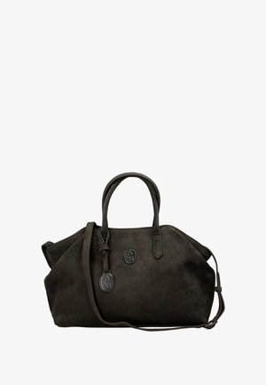 Borsa a mano in suede grigio scuro con doppie maniglie superiori e tracolla staccabile. Caratterizzata da un logo e pannelli laterali angolati.