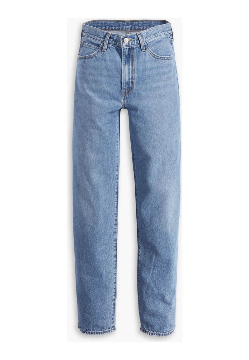 Helle blaue Jeans aus Denim, mit entspannter Passform, geradem Bein, Fünf-Taschen-Design und ausgefransten Säumen für einen lässigen Look.