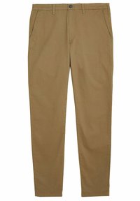 Chino khaki con design a gamba dritta, tasche frontali, passanti per cintura e chiusura a un bottone. Realizzati in un morbido tessuto misto cotone.