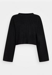 Czarny krótki sweter wykonany z prążkowanej dzianiny. Posiada długie rękawy, okrągły dekolt i teksturowany wzór na całej powierzchni materiału.