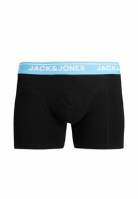 Sorte boxershorts med en lyseblå elastisk linning med "JACK&JONES" trykt i hvidt. Glat stof med minimale syninger.