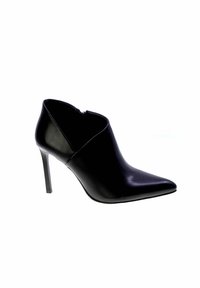 Stivaletti neri in pelle con tacco alto e punta affilata, dotati di chiusura con zip e superficie liscia. Silhouette elegante con un tacco sottile.