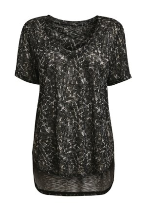Chemise femme manches courtes noire et grise avec motif abstrait de coups de pinceau et ourlet arrondi asymétrique.