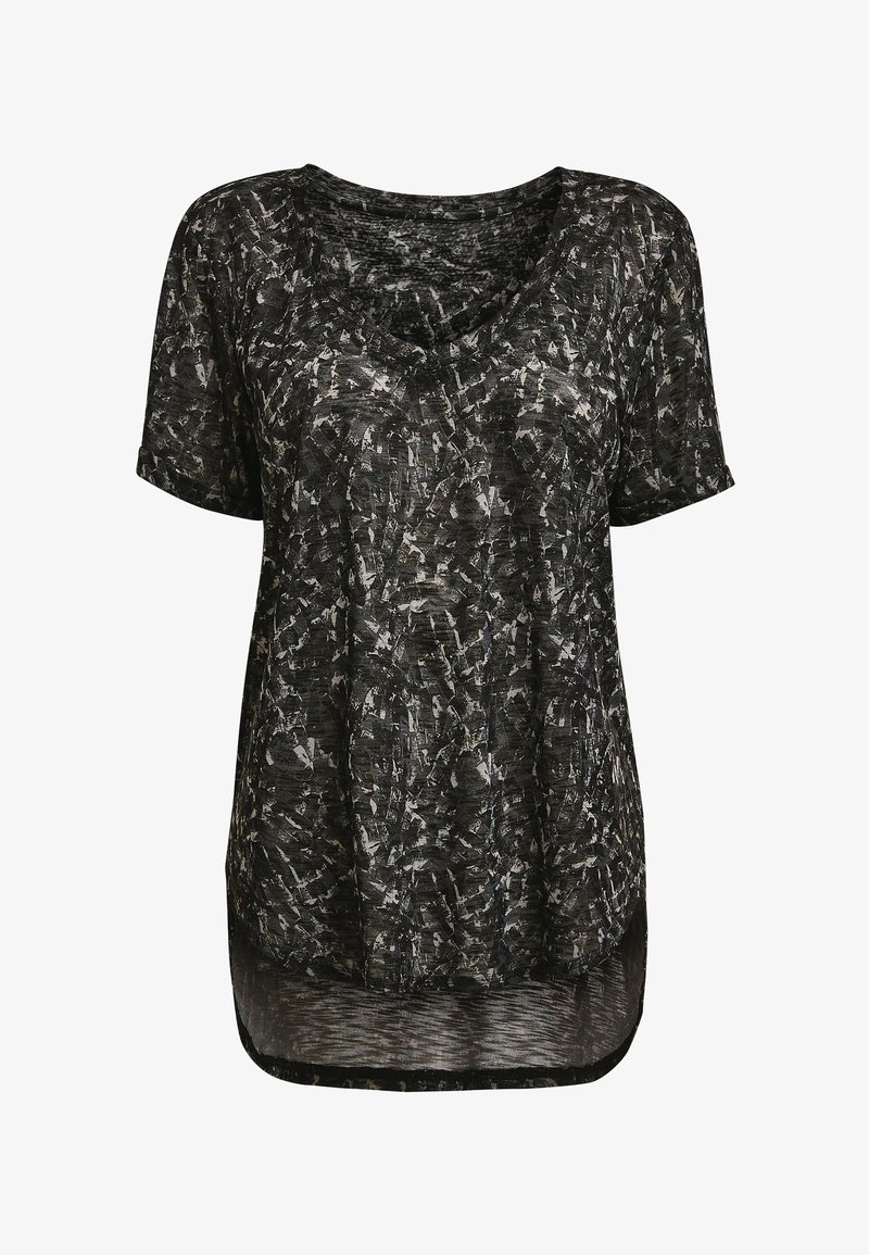 Chemise femme manches courtes noire et grise avec motif abstrait de coups de pinceau et ourlet arrondi asymétrique.