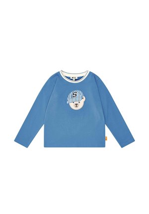 Blue long-sleeve children's shirt with white collar trim and a bear face wearing a blue striped cap with "S" on the front.