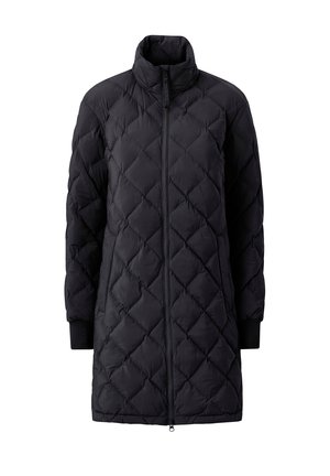 Zwarte doorgestikte lange donsjas met hoge kraag, ritssluiting aan de voorkant en geribbelde boorden aan de lange mouwen.