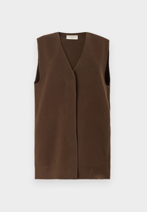 Brun ærmeløs vest med V-udskæring, lavet af blødt stof. Har en åbning foran og en minimalistisk silhuet uden ekstra pynt.