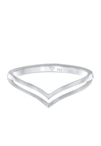 S925 Silberring mit einem doppelten V-Design. Glatte, polierte Oberfläche mit reflektierendem Finish und minimalistischem Stil. Auffällige Details in der Formgebung.