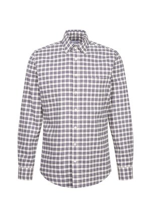 Camicia a maniche lunghe con bottone, in fantasia a quadri bianchi e blu navy, dotata di colletto classico e taschino sul petto, realizzata in tessuto a trama.