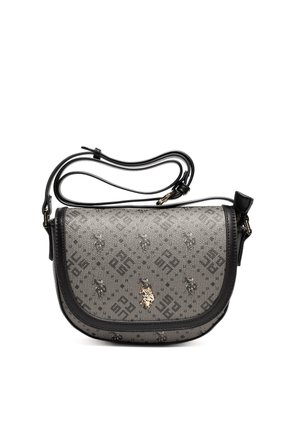 Grau gemusterte Schultertasche mit Lederbesatz, ausgestattet mit einem goldenen Hardware-Highlight und einem verstellbaren Trageriemen. Ein strukturiertes Design mit Klappenverschluss.