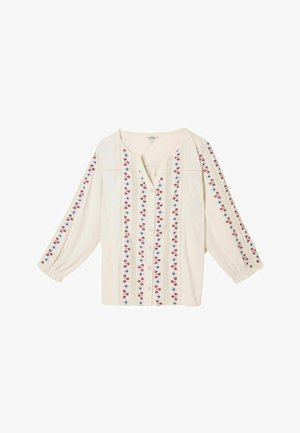Cream blouse with long sleeves, button front, and vertical floral embroidery in red and blue along front and sleeves.