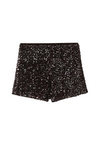 Shorts noirs en sequins avec une surface brillante et texturée, des bords ourlés et une taille simple et ajustée pour une silhouette moulante.