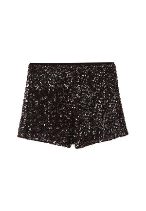 Shorts noirs en sequins avec une surface brillante et texturée, des bords ourlés et une taille simple et ajustée pour une silhouette moulante.