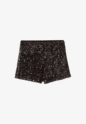 Black sequin shorts featuring a shiny, textured surface, hemmed edges, and a simple, fitted waistband for a fitted silhouette.