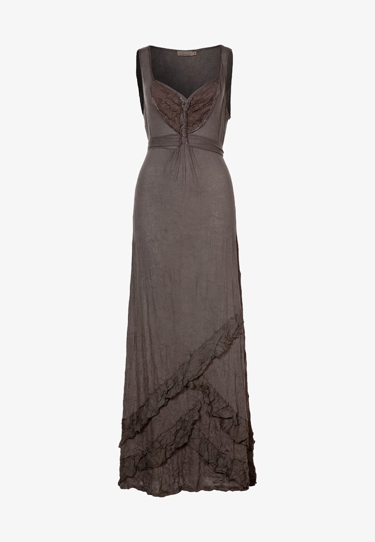 Longue robe marron sans manches avec détail en dentelle sur le buste, boutons sur le devant et bordure diagonale à volants près de l'ourlet.