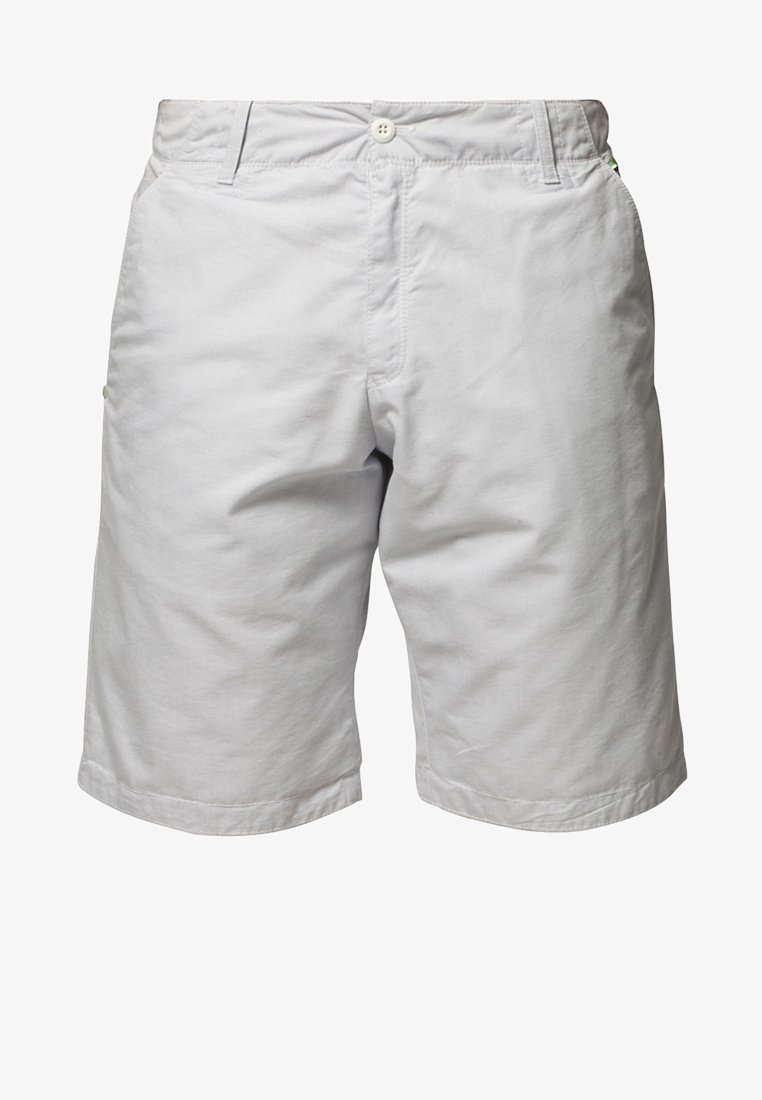Shorts en coton gris clair avec une coupe droite, dotés d'une fermeture par bouton, de passants pour ceinture et de poches latérales. Texture lisse, détails minimalistes.
