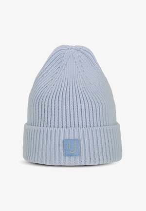 Jasnoniebieska, dziana czapka beanie z prążkowaną fakturą, z zagiętym mankietem i małą naszywką logo w dopasowanym odcieniu.