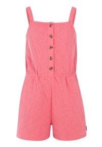 Mono de algodón rosa con tirantes ajustables y cierre de botones en la parte delantera, que presenta un corte relajado y una cintura elástica para mayor comodidad.