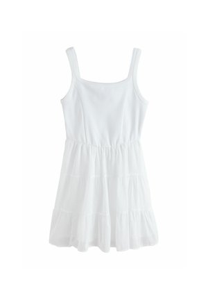 Vestido de verano blanco sin mangas con escote cuadrado y falda de volantes, cintura fruncida para un ajuste ceñido.