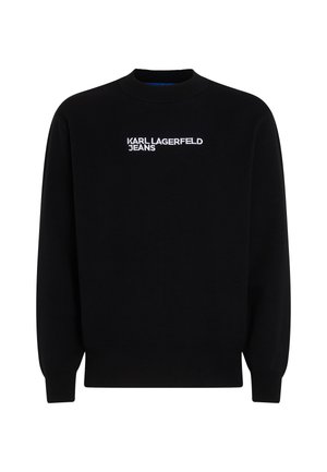 Pulover negru din tricot, cu guler rotund, manșete și tiv ribbate, având brodat în alb pe piept "KARL LAGERFELD JEANS".