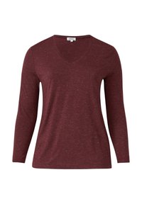 Bordeaux langärmliges V-Ausschnitt-Shirt aus weichem Stoff mit einer gesprenkelten Struktur. Mit taillierten Ärmeln und entspanntem Schnitt durch den Körper.