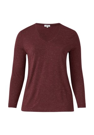 Bordeaux langärmliges V-Ausschnitt-Shirt aus weichem Stoff mit einer gesprenkelten Struktur. Mit taillierten Ärmeln und entspanntem Schnitt durch den Körper.