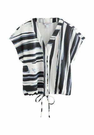 Lühikeste varrukatega valge pluus mustade ja siniste abstraktsete triipudega; varustatud V-kaelusega ja nööriga vöökohal reguleeritava sobivuse jaoks.